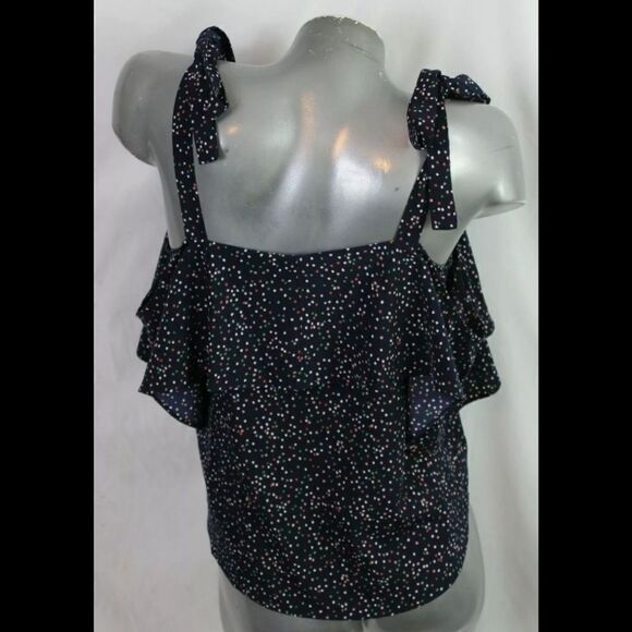 FRNCH COLD SHOULDER NAVY MULTI COLORED DESIGN RUFFLE CROP BLOUSE SIZE S - Picture 3 of 8